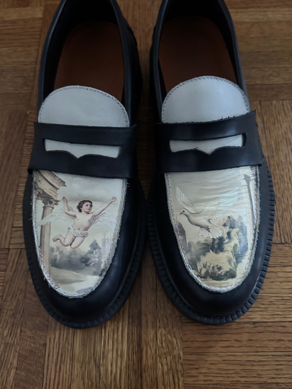 Black and White Leather Penny Loafers with Cherub and Dove Print